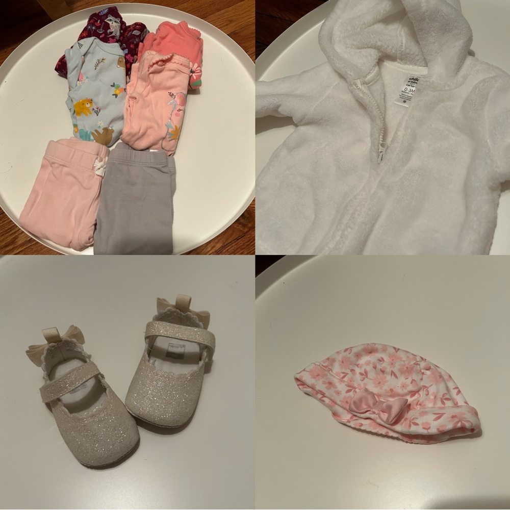 MEGA 0-3 Clothing, Assorted Top Bodysuits Leggings Shoes Fleece Jacket and Hat